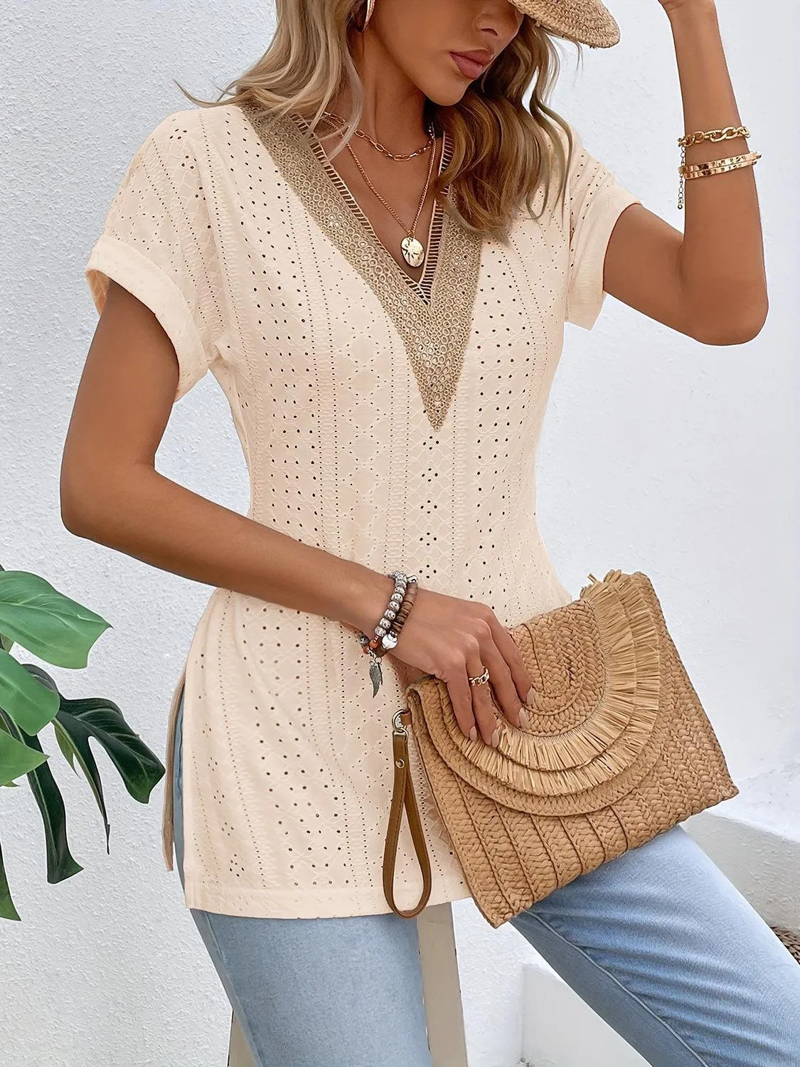 Easy Chic Slit V-Neck Short Sleeve Tunic Blouse