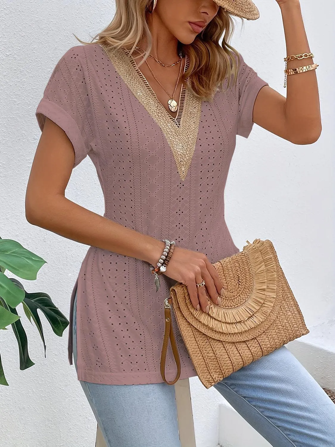 Easy Chic Slit V-Neck Short Sleeve Tunic Blouse