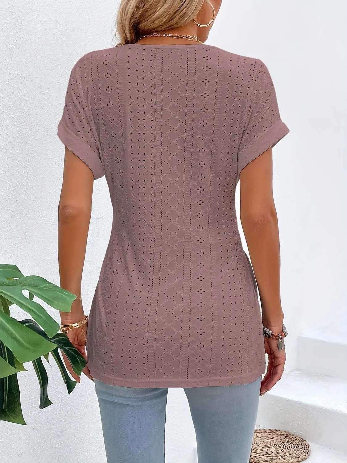 Easy Chic Slit V-Neck Short Sleeve Tunic Blouse