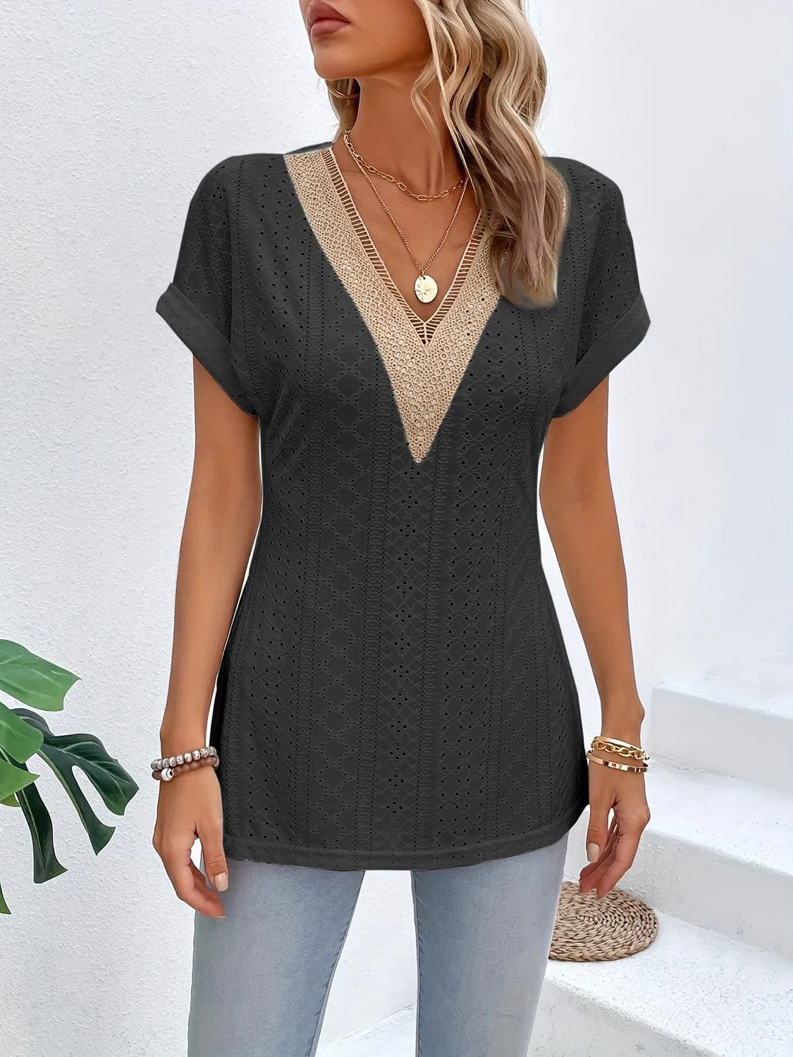 Easy Chic Slit V-Neck Short Sleeve Tunic Blouse