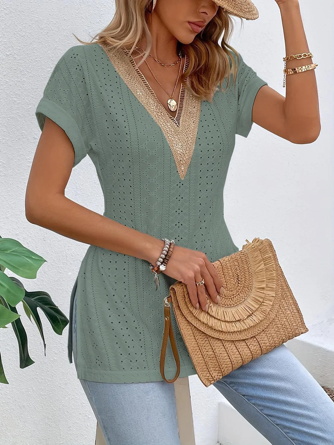 Easy Chic Slit V-Neck Short Sleeve Tunic Blouse
