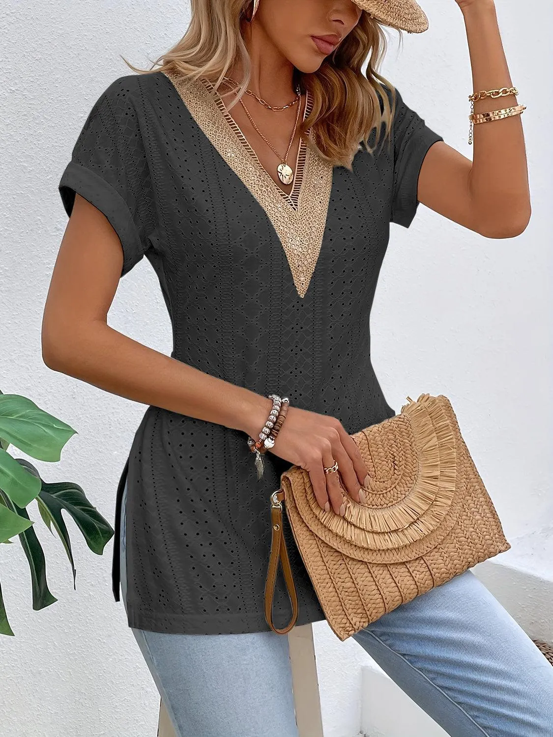Easy Chic Slit V-Neck Short Sleeve Tunic Blouse
