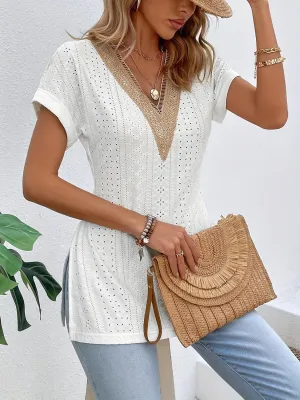 Easy Chic Slit V-Neck Short Sleeve Tunic Blouse