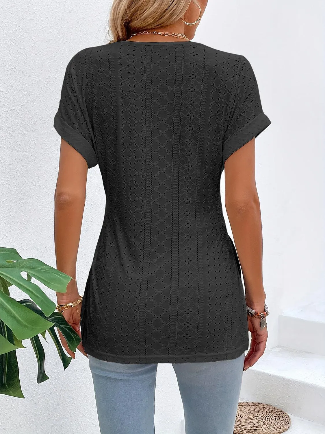 Easy Chic Slit V-Neck Short Sleeve Tunic Blouse