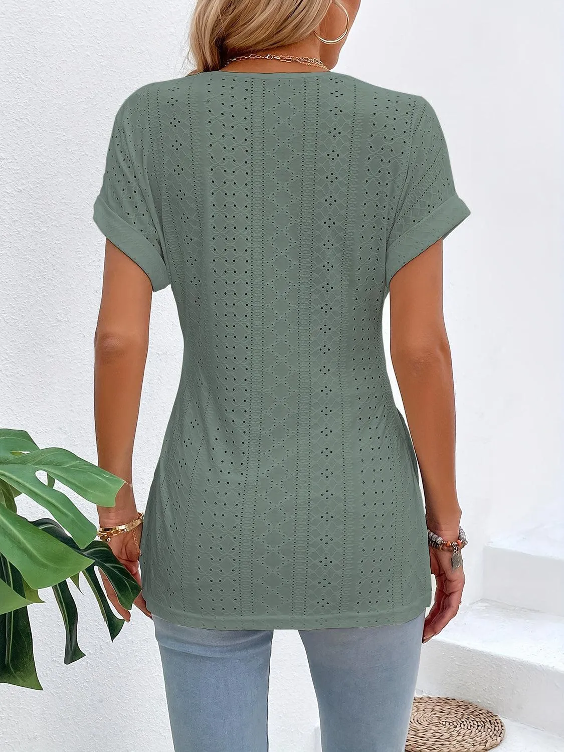 Easy Chic Slit V-Neck Short Sleeve Tunic Blouse