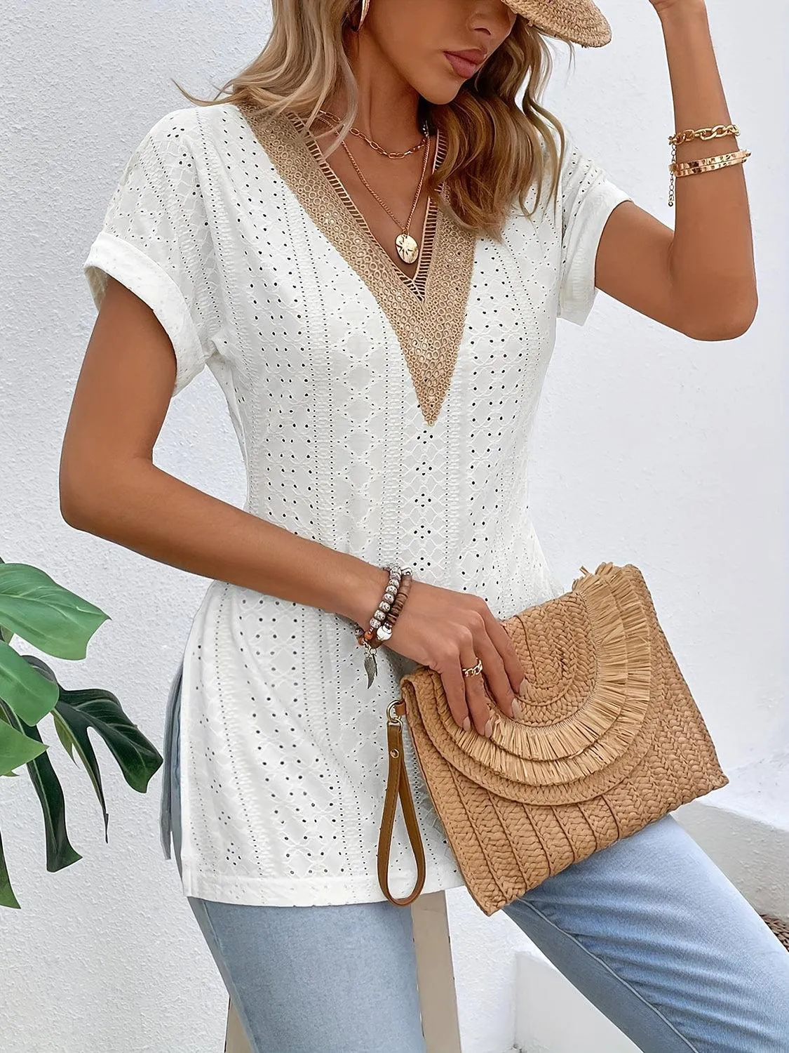 Easy Chic Slit V-Neck Short Sleeve Tunic Blouse