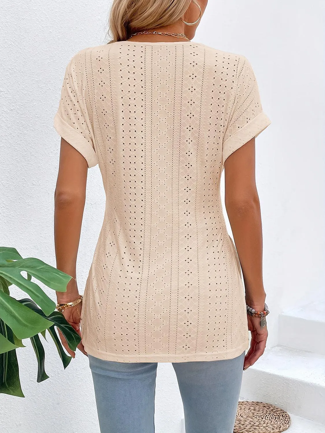Easy Chic Slit V-Neck Short Sleeve Tunic Blouse