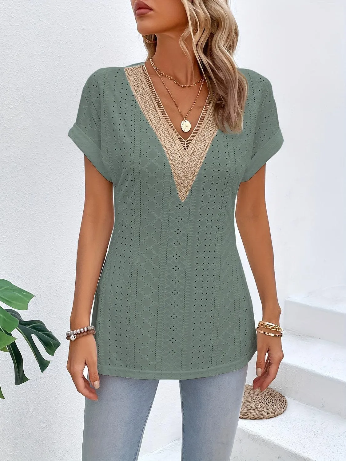 Easy Chic Slit V-Neck Short Sleeve Tunic Blouse