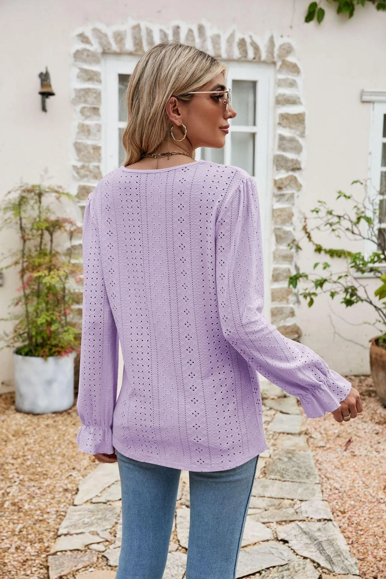 Effortlessly Me V Neck Long Sleeve Eyelet Blouse