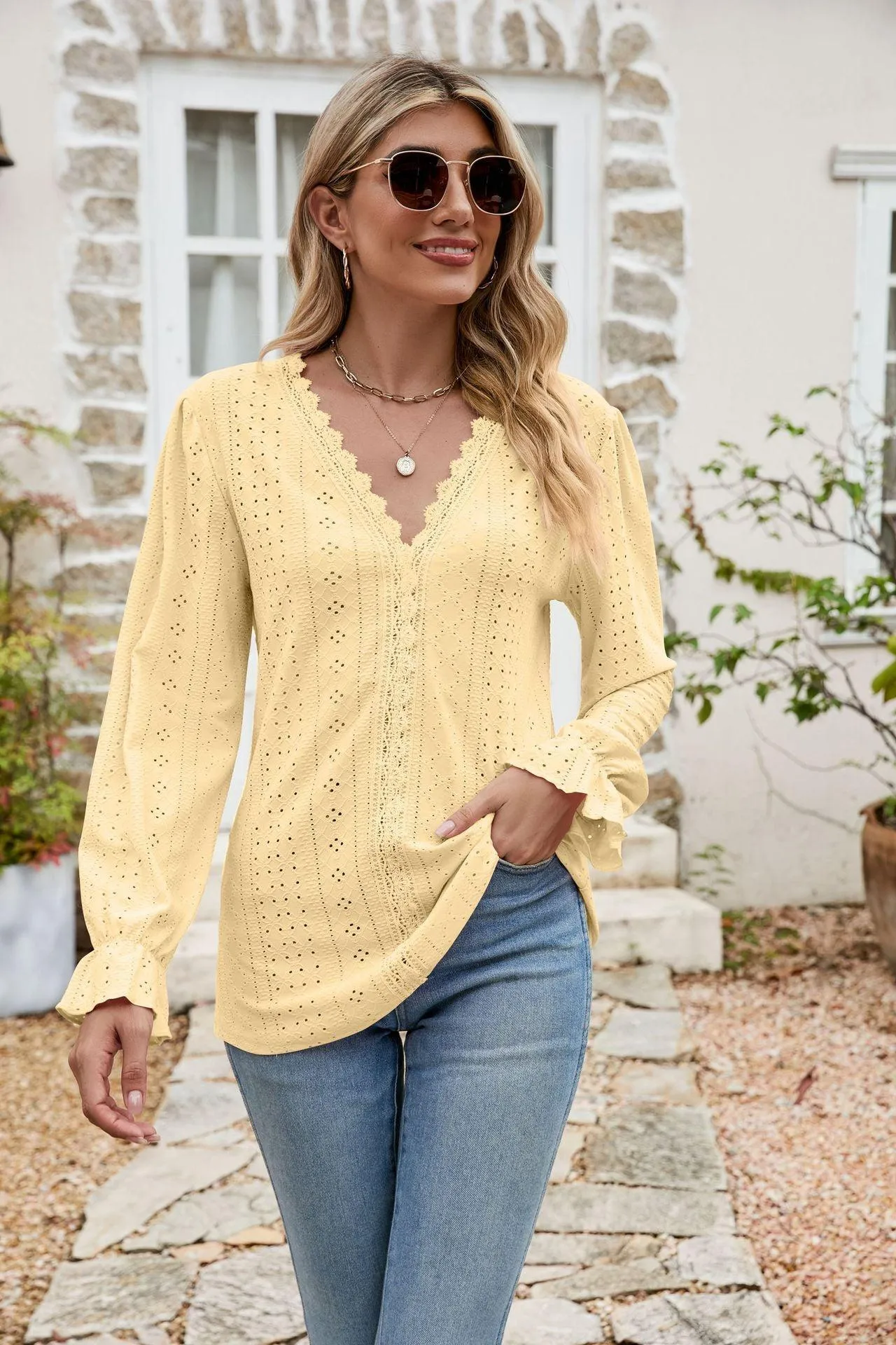 Effortlessly Me V Neck Long Sleeve Eyelet Blouse