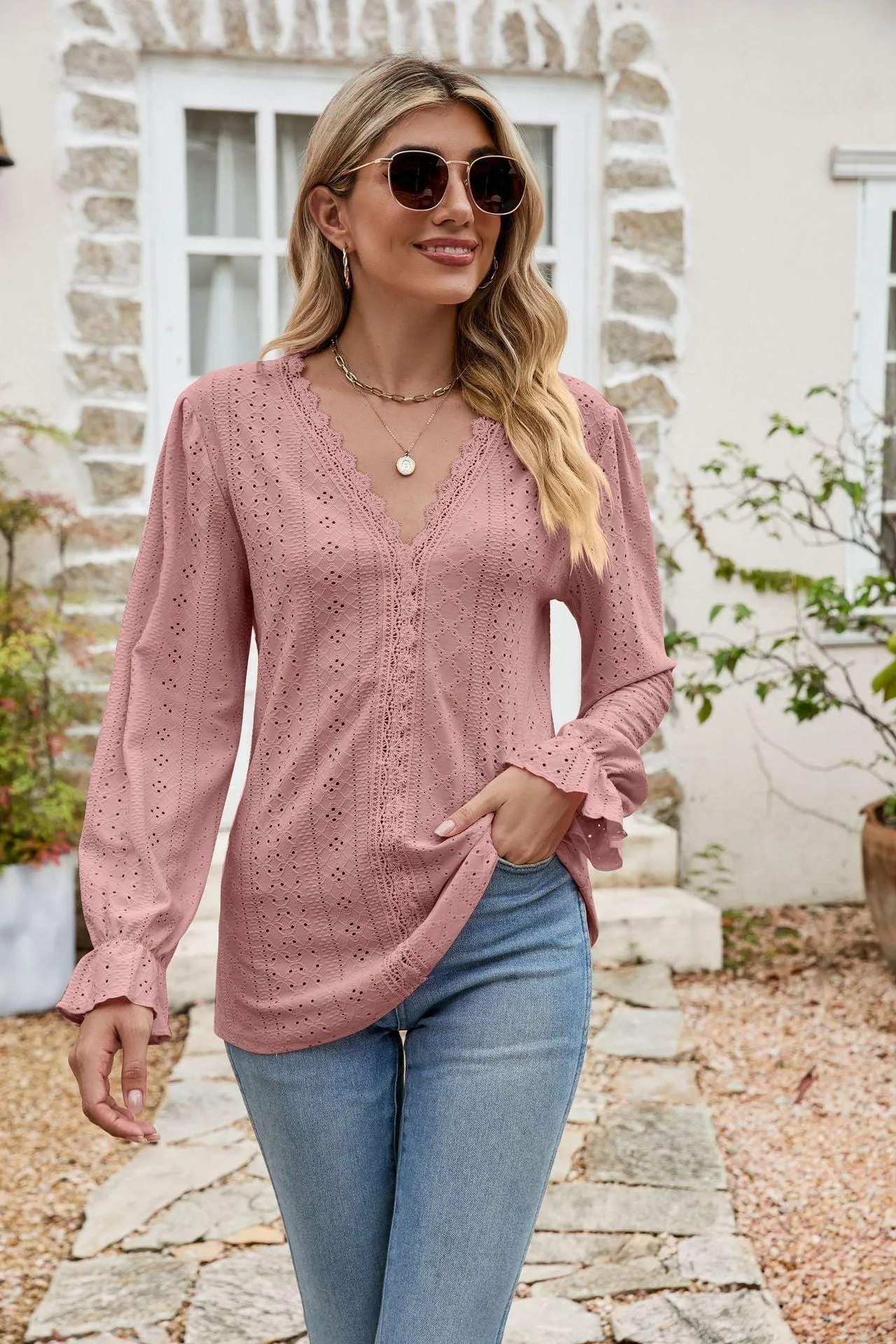 Effortlessly Me V Neck Long Sleeve Eyelet Blouse