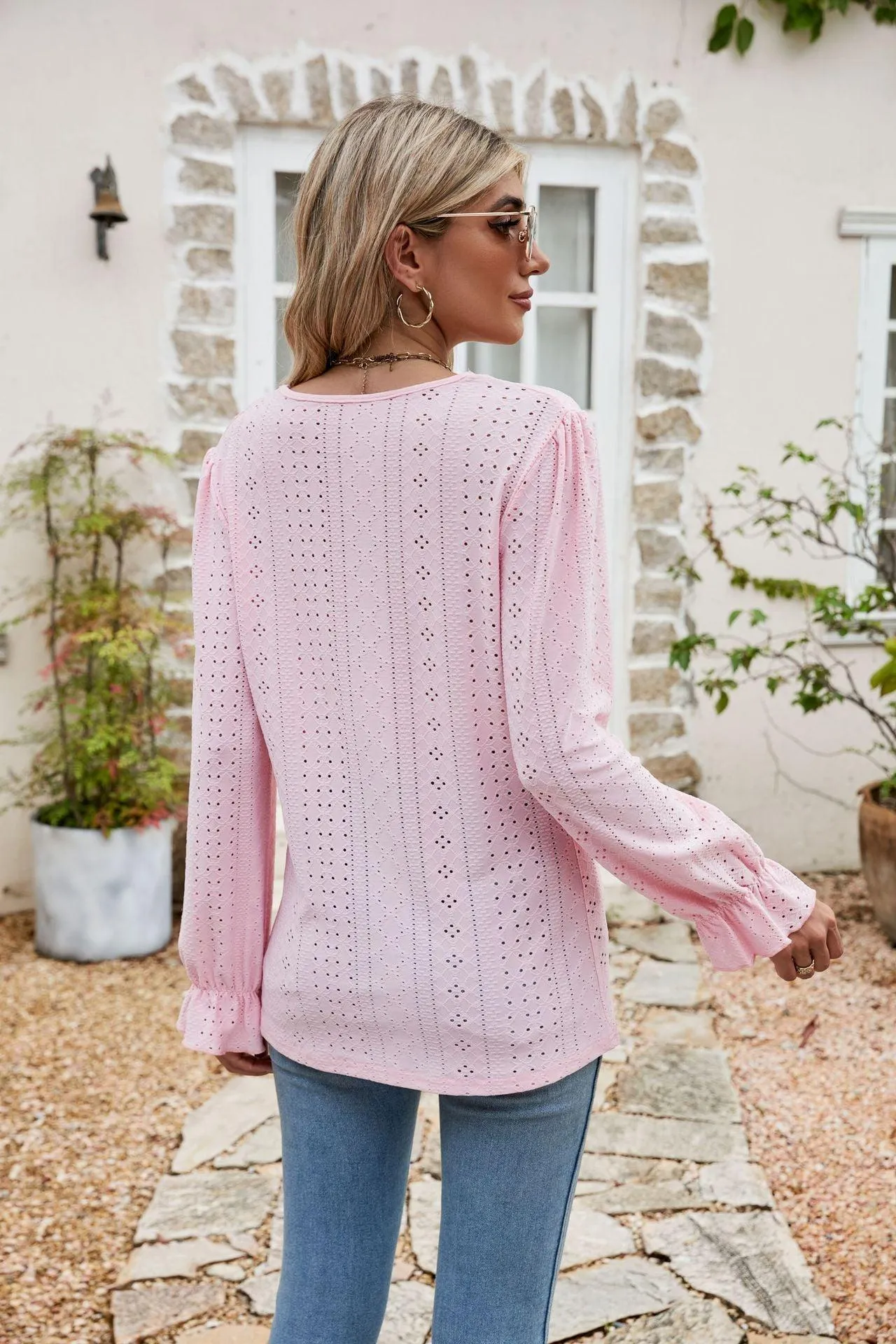 Effortlessly Me V Neck Long Sleeve Eyelet Blouse