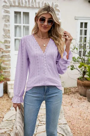 Effortlessly Me V Neck Long Sleeve Eyelet Blouse
