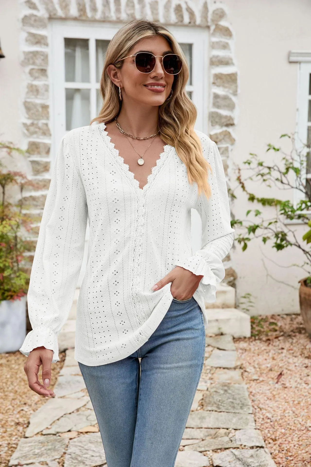 Effortlessly Me V Neck Long Sleeve Eyelet Blouse