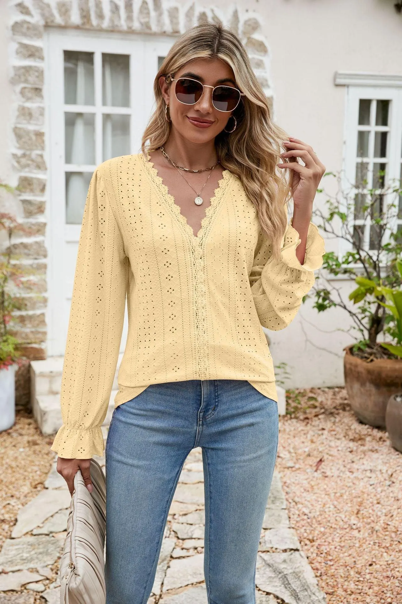 Effortlessly Me V Neck Long Sleeve Eyelet Blouse