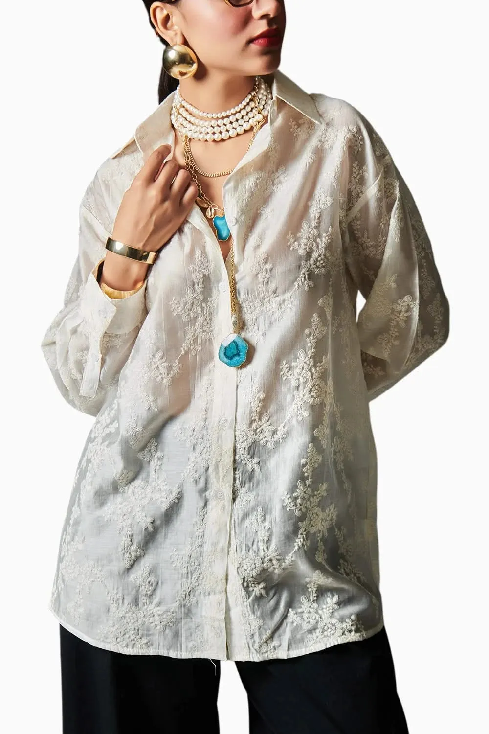 Elegant Floral Button Down Embroidered Shirt