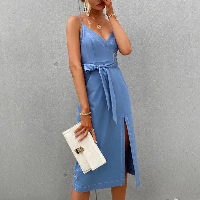 Elegant Spaghetti Strap V-Neck Midi Dress