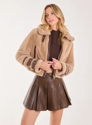 Fur PU Buckle Detail Coat