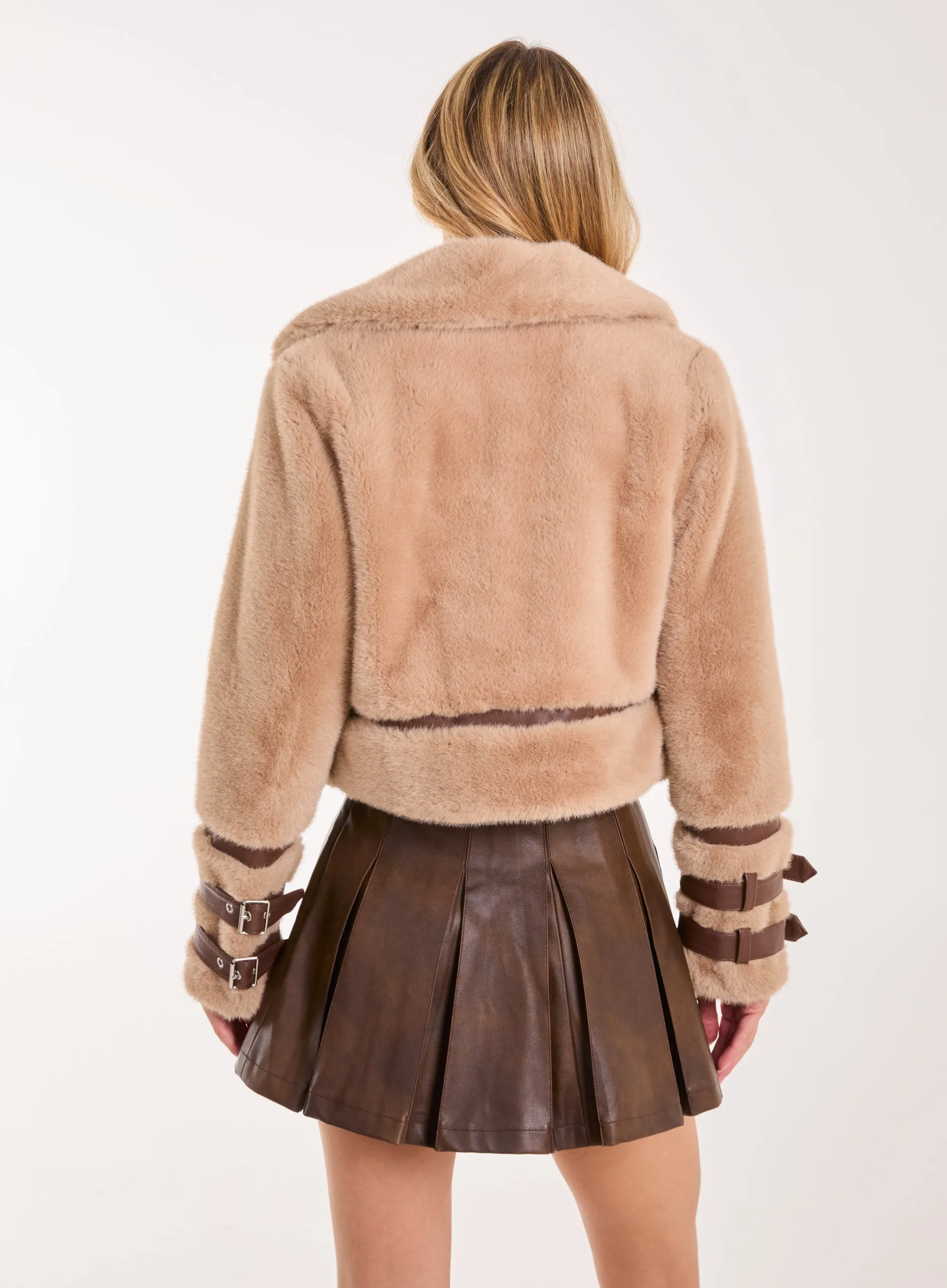 Fur PU Buckle Detail Coat