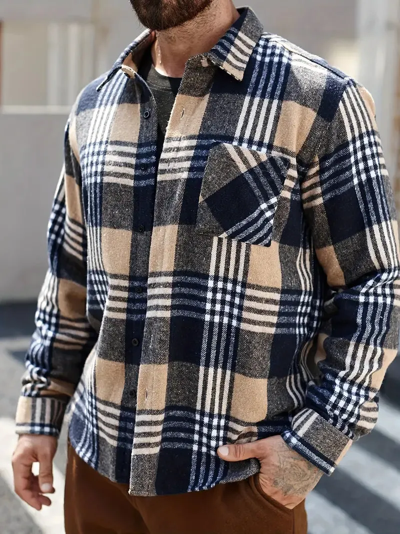 Geruite fleece herenjas - Warme, lange mouwen Button-Up voor herfst/winter