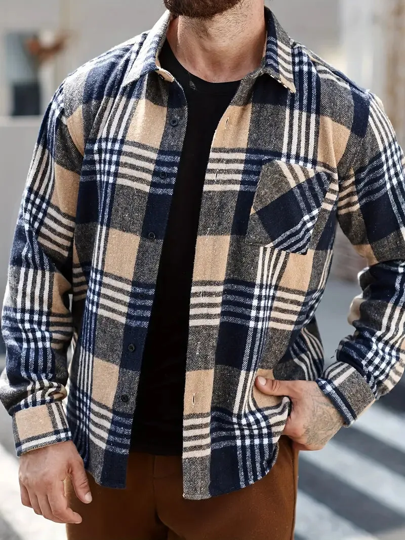 Geruite fleece herenjas - Warme, lange mouwen Button-Up voor herfst/winter