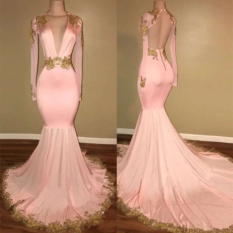 Gorgeous Long Sleeve V-Neck Prom Dress Mermaid With Gold Crystal
