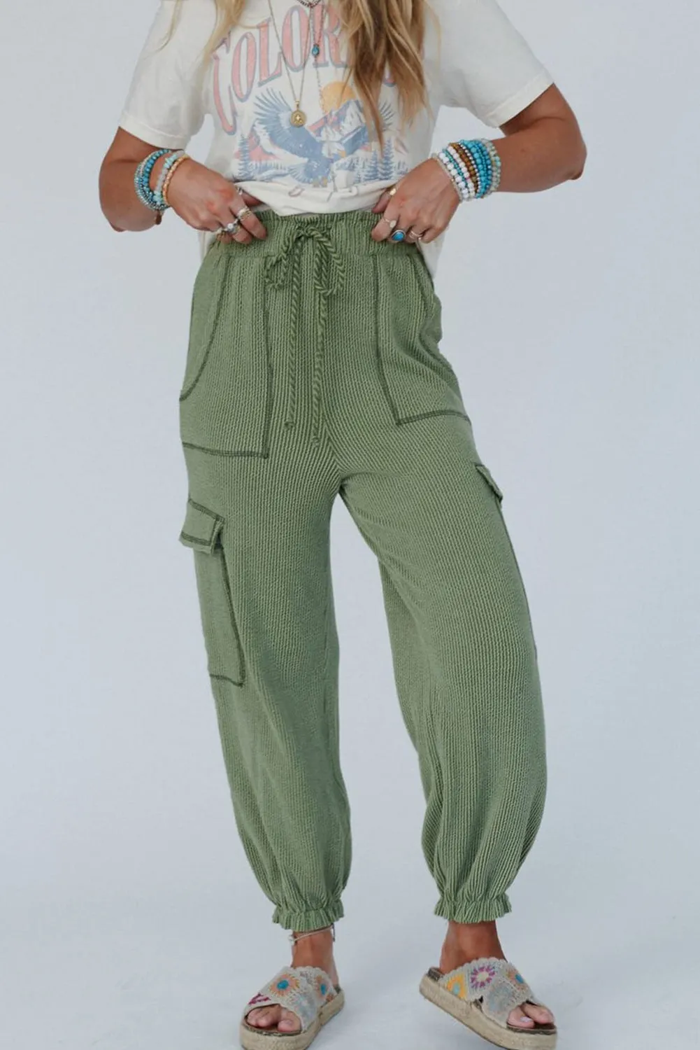Grass Green Textured Cargo Pocketed Drawstring Ruffled Jogger High Waist Pants