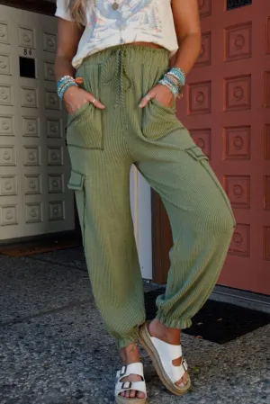 Grass Green Textured Cargo Pocketed Drawstring Ruffled Jogger High Waist Pants