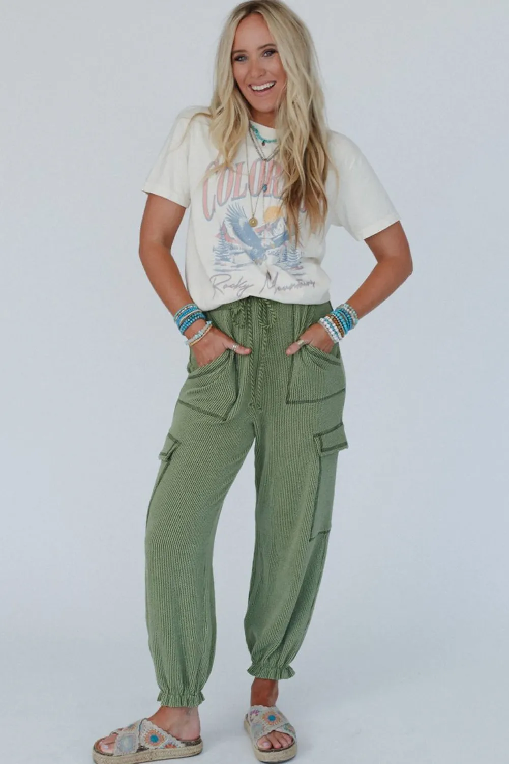 Grass Green Textured Cargo Pocketed Drawstring Ruffled Jogger High Waist Pants