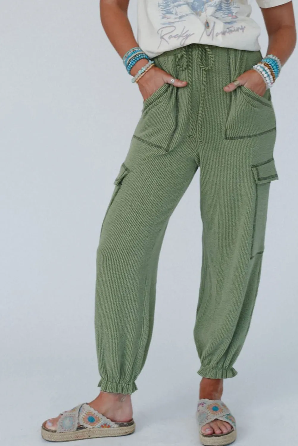 Grass Green Textured Cargo Pocketed Drawstring Ruffled Jogger High Waist Pants