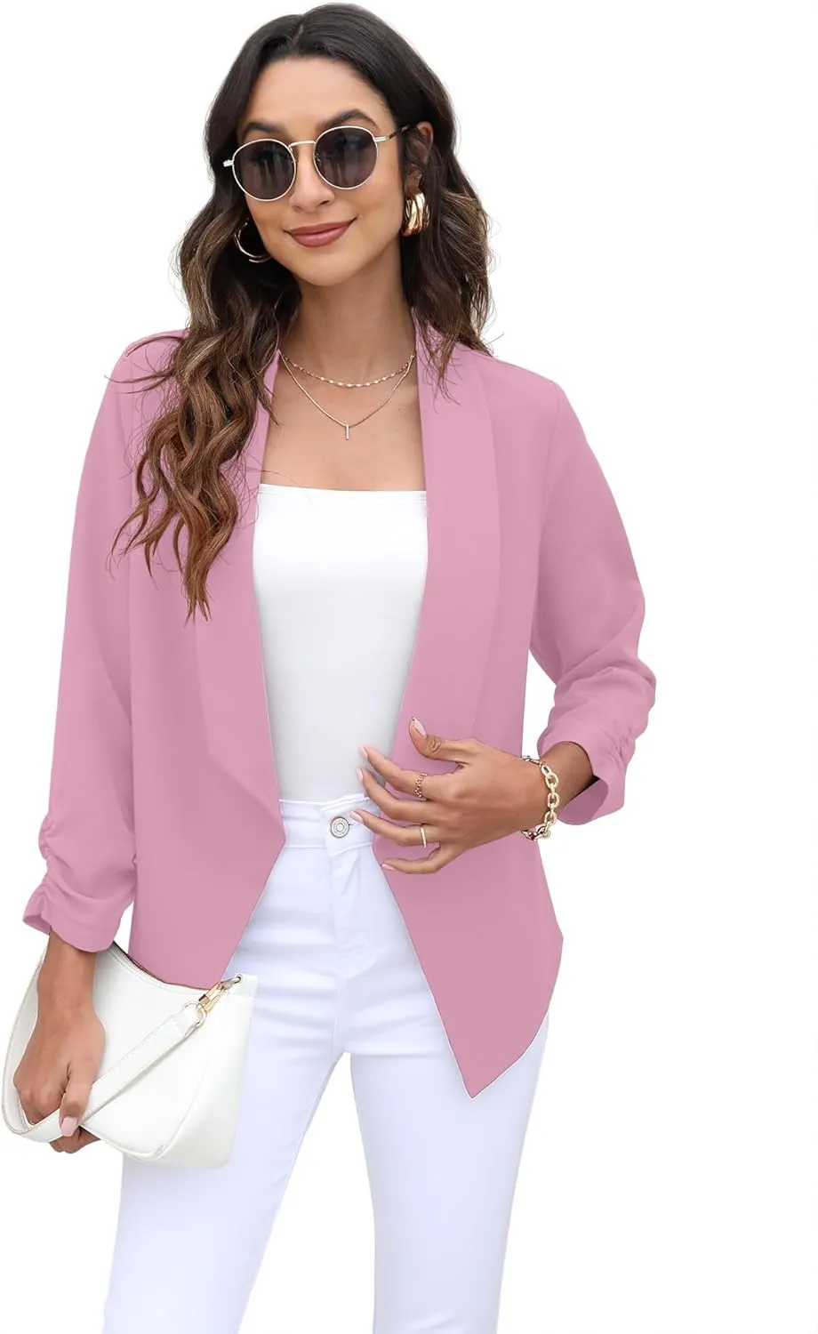 GRECERELLE Women's Blazer Suit Open Front Cardigan 3/4 Sleeve Fitted Jacket Casual Office Cropped Blazer