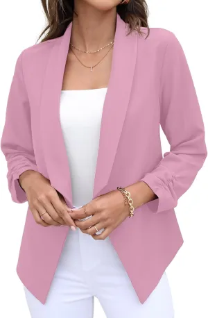 GRECERELLE Women's Blazer Suit Open Front Cardigan 3/4 Sleeve Fitted Jacket Casual Office Cropped Blazer