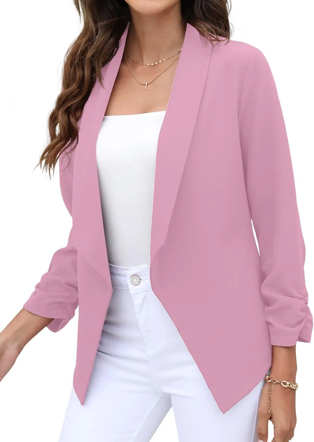 GRECERELLE Women's Blazer Suit Open Front Cardigan 3/4 Sleeve Fitted Jacket Casual Office Cropped Blazer