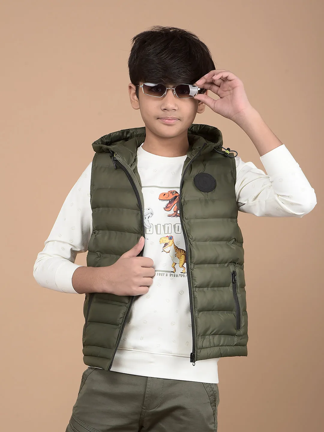 Green Hooded Neck 100% Nylon Sleeveless Puffer Jacket