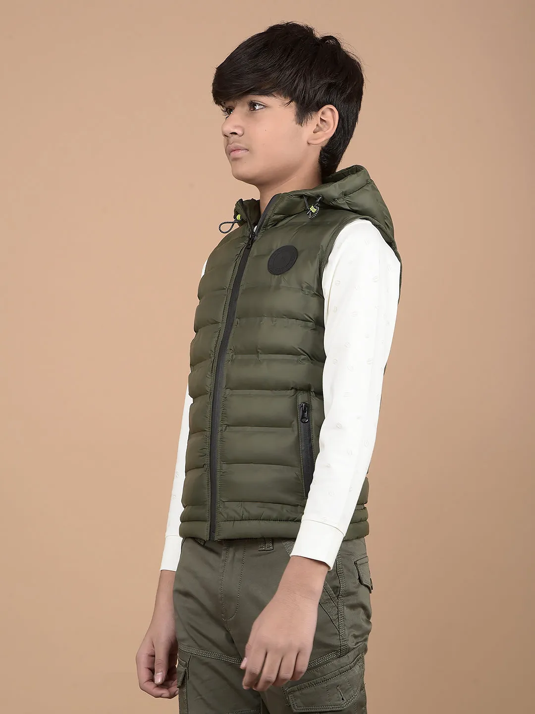 Green Hooded Neck 100% Nylon Sleeveless Puffer Jacket