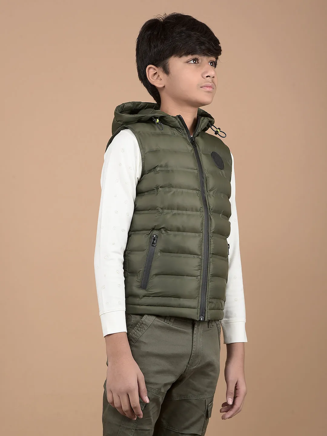 Green Hooded Neck 100% Nylon Sleeveless Puffer Jacket