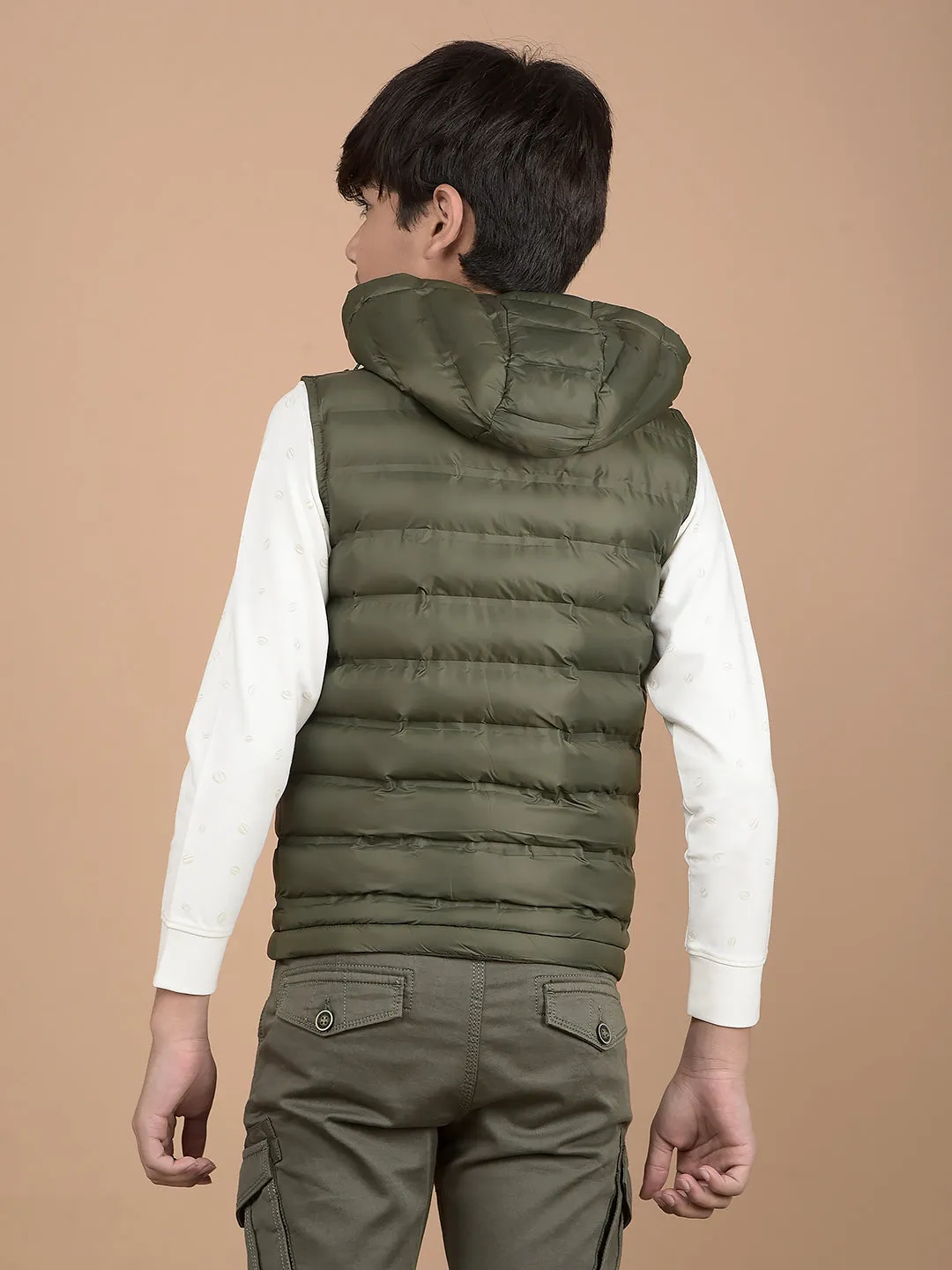 Green Hooded Neck 100% Nylon Sleeveless Puffer Jacket
