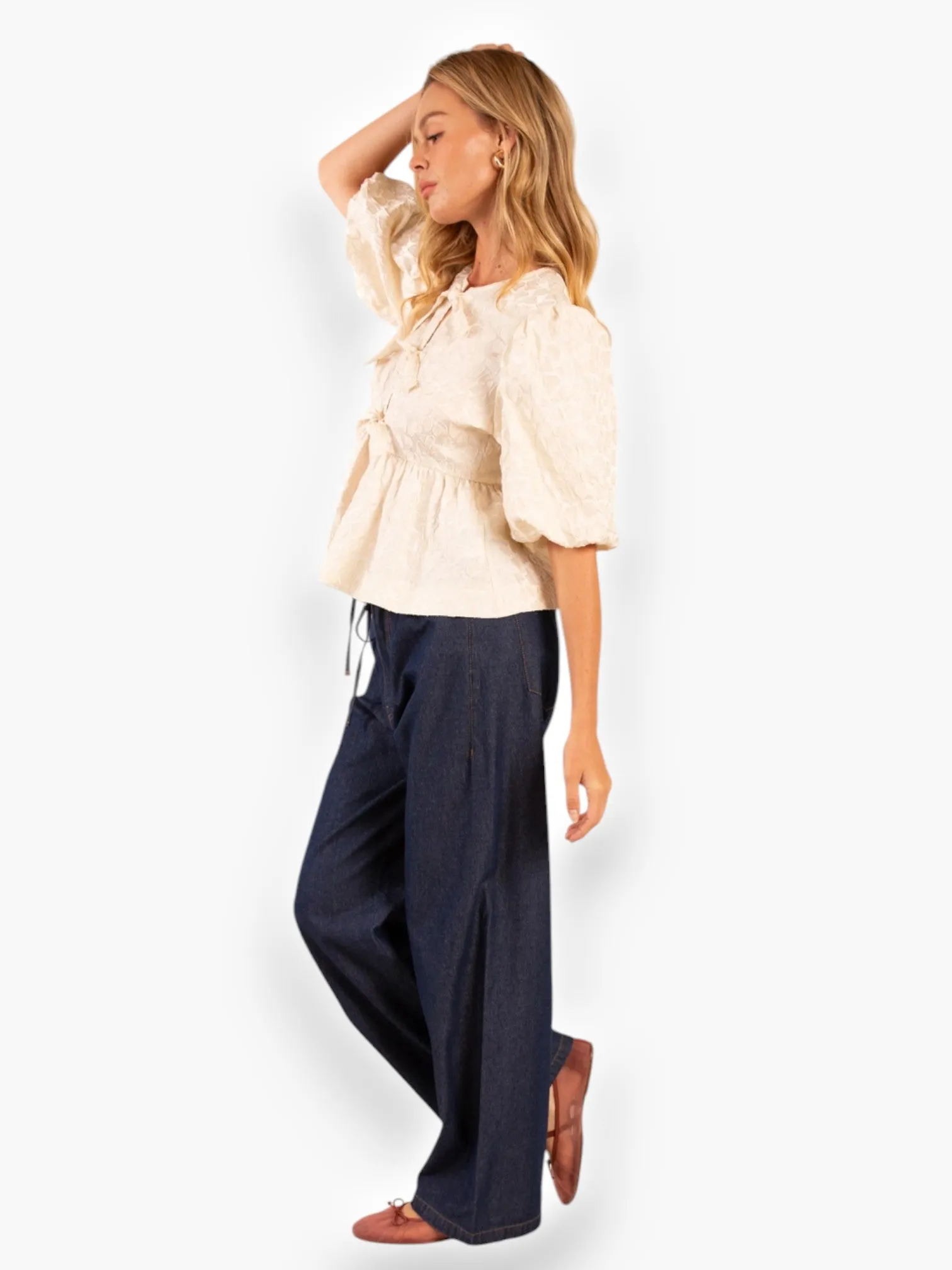 Heart Texture Cream Peplum Top