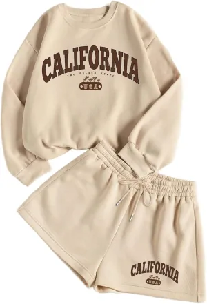 Hilinker Womens Graphic 2 Piece Outfit Long Sleeve Sweatshirt and Shorts Set Casual Sweatsuits