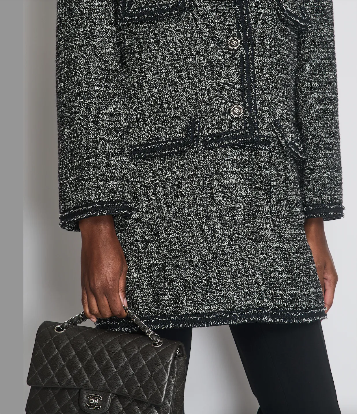*hot*trendy Inspired  Chanel Black And White Tweed Jacket With Blue Stitched Trims & Ruthenium Cc Logo Button Details Size Fr 46 (uk 18)