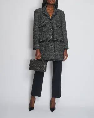 *hot*trendy Inspired  Chanel Black And White Tweed Jacket With Blue Stitched Trims & Ruthenium Cc Logo Button Details Size Fr 46 (uk 18)