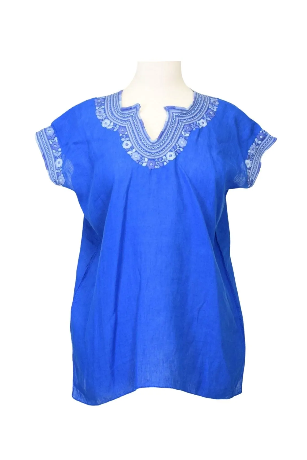 Kahlo Mexican Top - Linen - Brilliant Blue