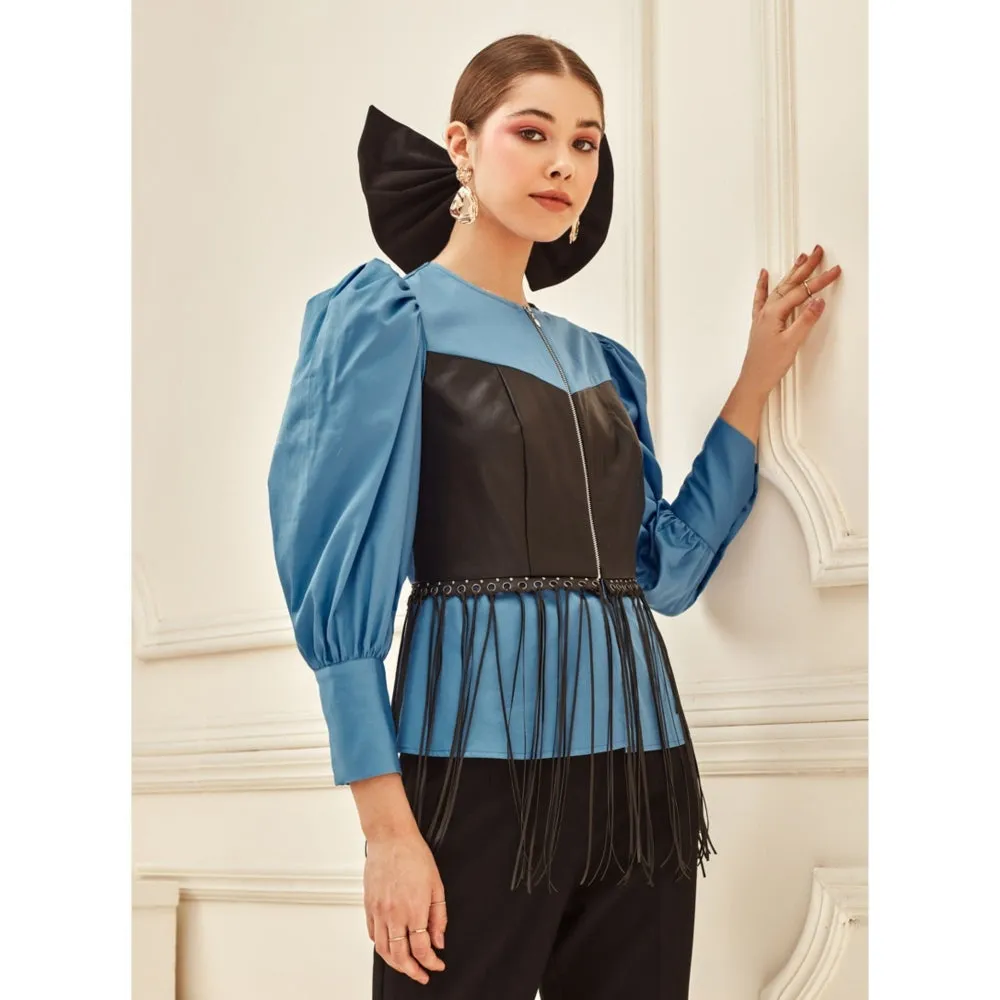 Label Deepika Nagpal Azure Leather Corset Shirt With Fringes