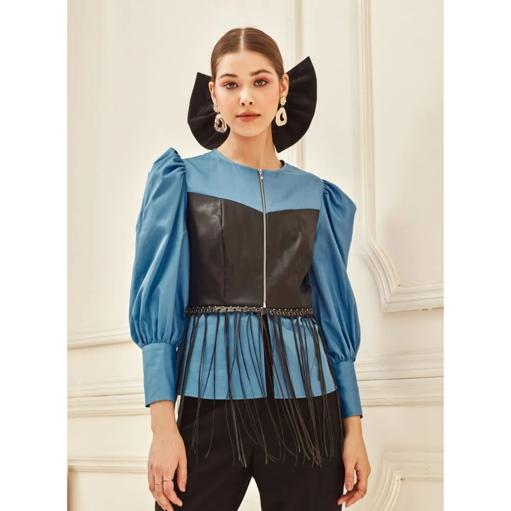 Label Deepika Nagpal Azure Leather Corset Shirt With Fringes