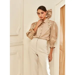 Label Deepika Nagpal Beige Puff Sleeve Embellished Shirt