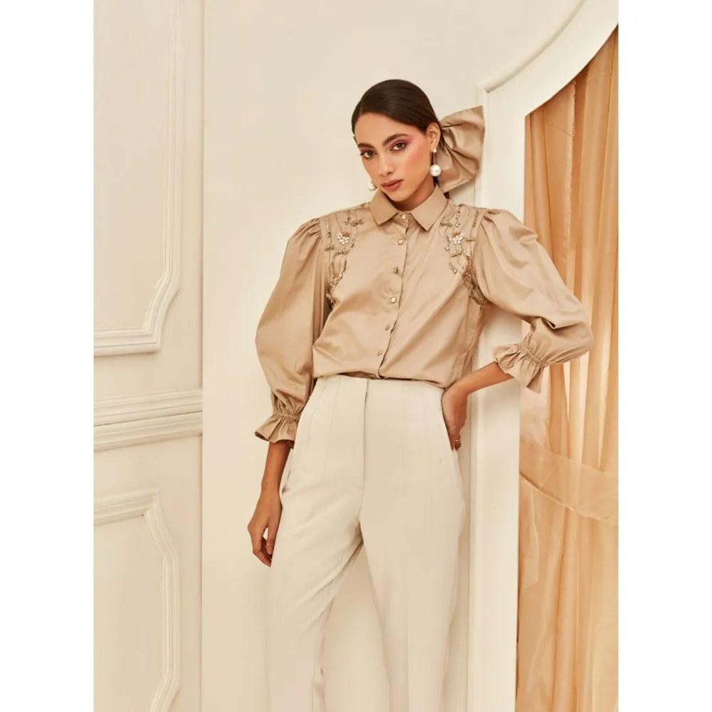 Label Deepika Nagpal Beige Puff Sleeve Embellished Shirt