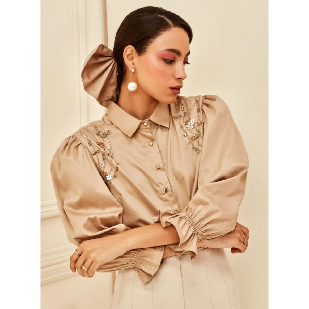 Label Deepika Nagpal Beige Puff Sleeve Embellished Shirt