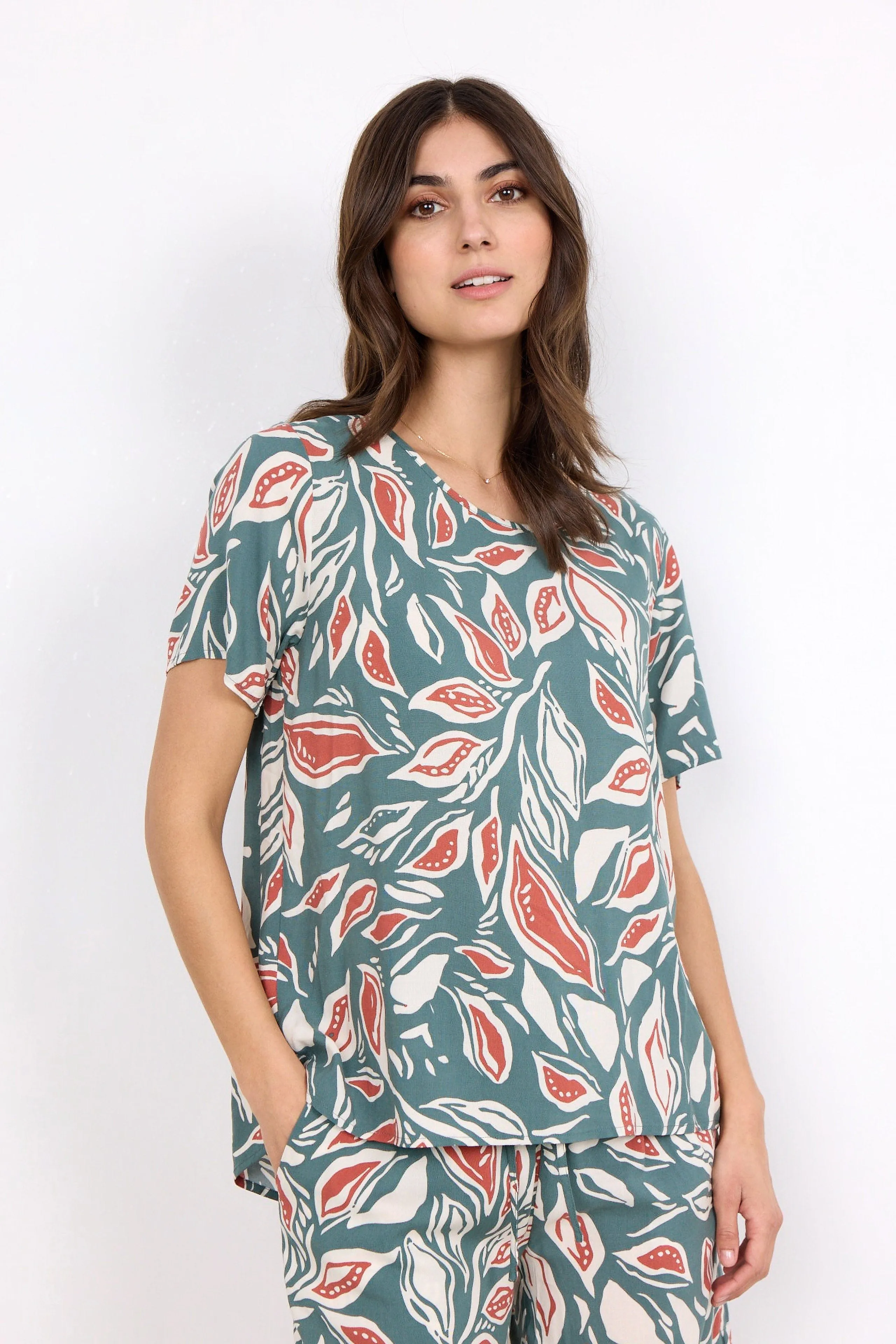 Leda Leaf Printed Blouse - Shadow Green Combi