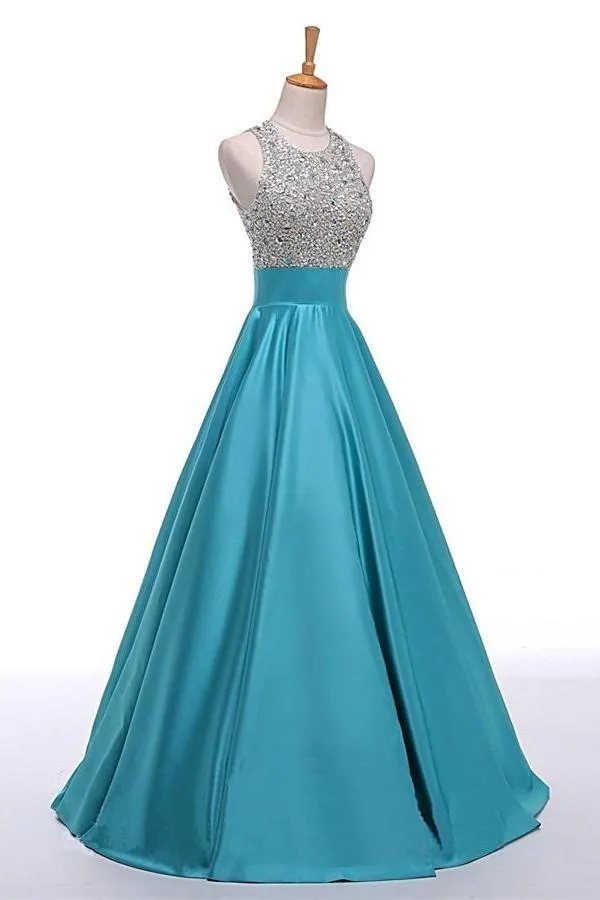 Light Blue Backless Beaded Long A-line Satin Classy Prom Dresses PFP1079