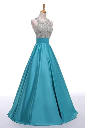 Light Blue Backless Beaded Long A-line Satin Classy Prom Dresses PFP1079